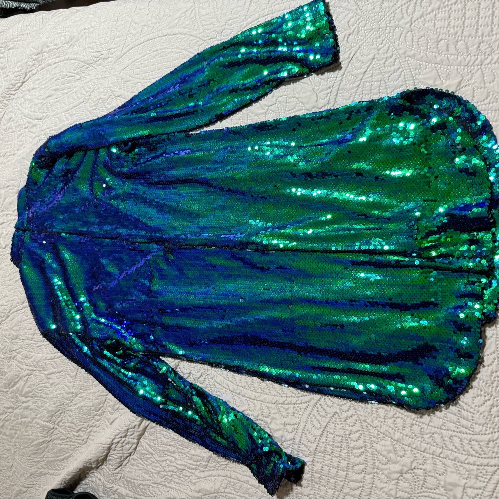 L&B Blue and Green Sequin Long Sleeve Dress - Picture 4 of 4